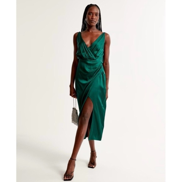 Abercrombie & Fitch A&F Satin Green Draped Wrap Midi Dress Large Petite - Picture 1 of 12